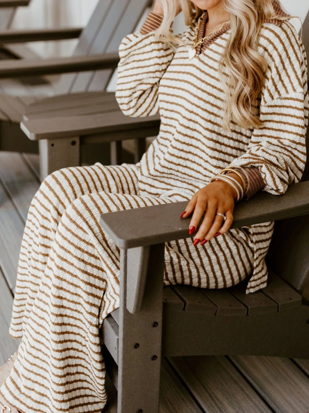 Stripe Collared Top and Drawstring Pant Set