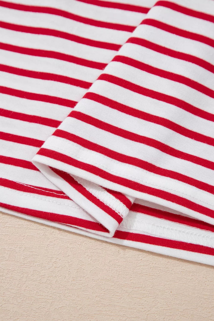 Stripe Floral Puff Sleeve Patchwork Round Neck Loose Top