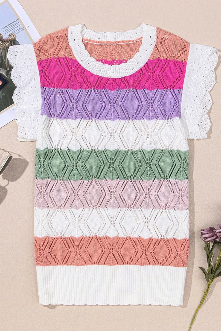 Openwork Round Neck Cap Sleeve Knit Top