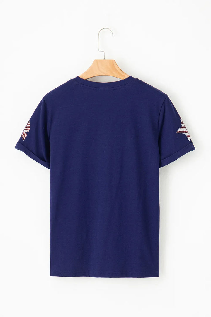 Sequin Star Round Neck Short Sleeve T-Shirt