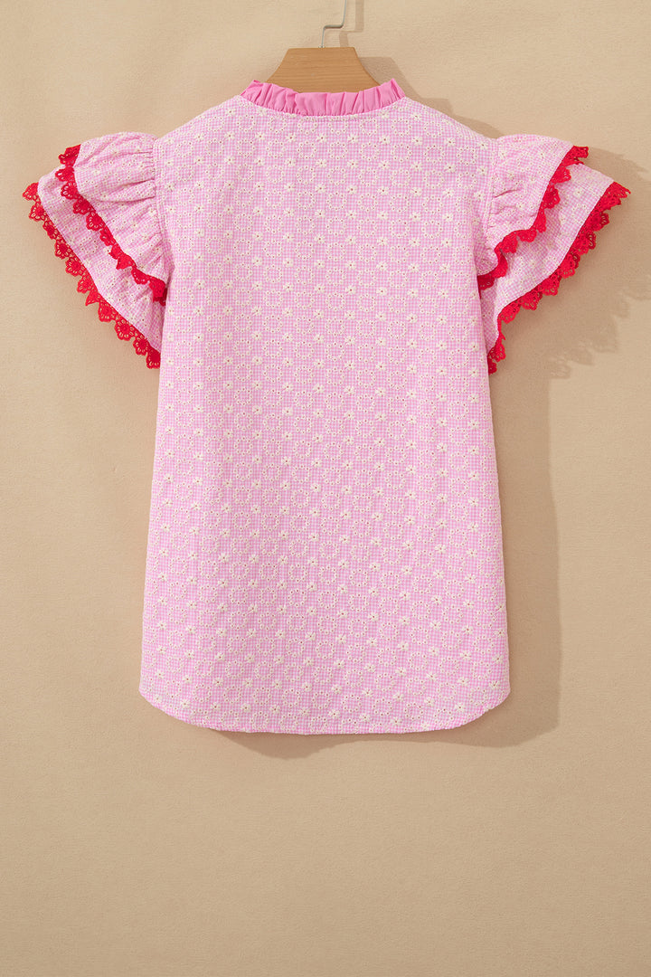 Pink Eyelet Embroidered Flower Texture Contrast Lace Trim Flutter Sleeve Blouse