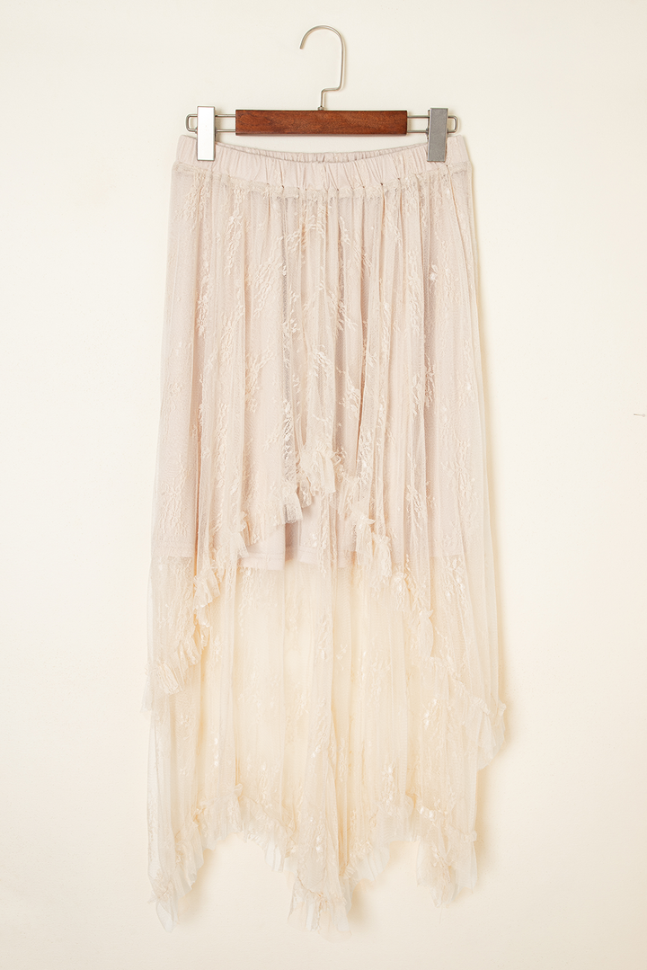 Apricot Lace Cascading Tiered High Waist Maxi Skirt
