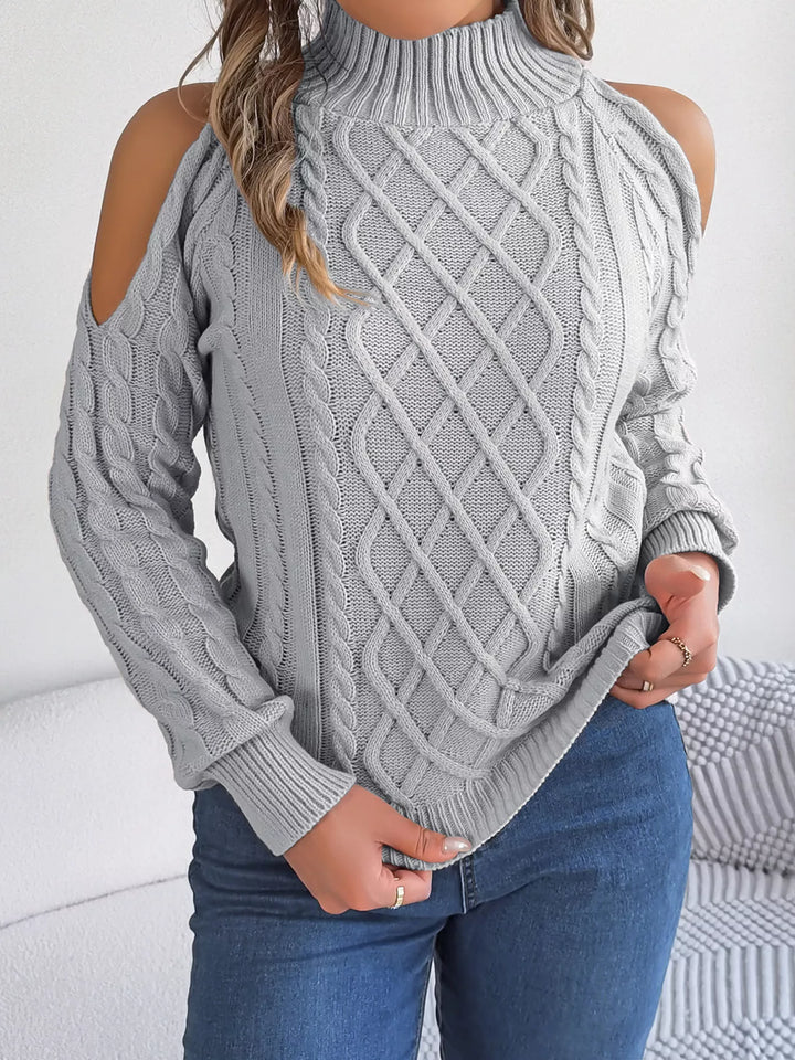 Cable Knit Cold Shoulder Turtleneck Sweater