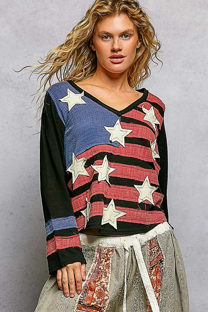POL Double Gauze American Flag Patch V-Neck Long Sleeve T-Shirt