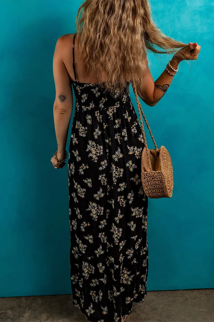 Floral Spaghetti Strap Shirred Bodice Tied Empire Waist Maxi Dress