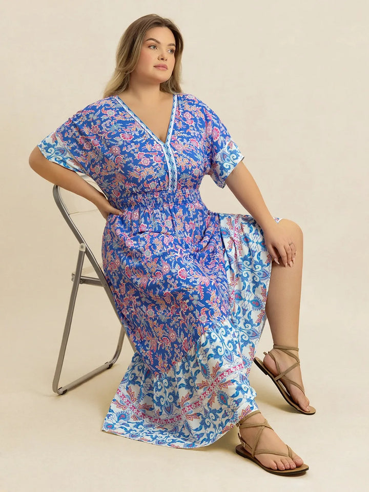 Plus Size Smocked Printed Half Sleeve Midi Dress