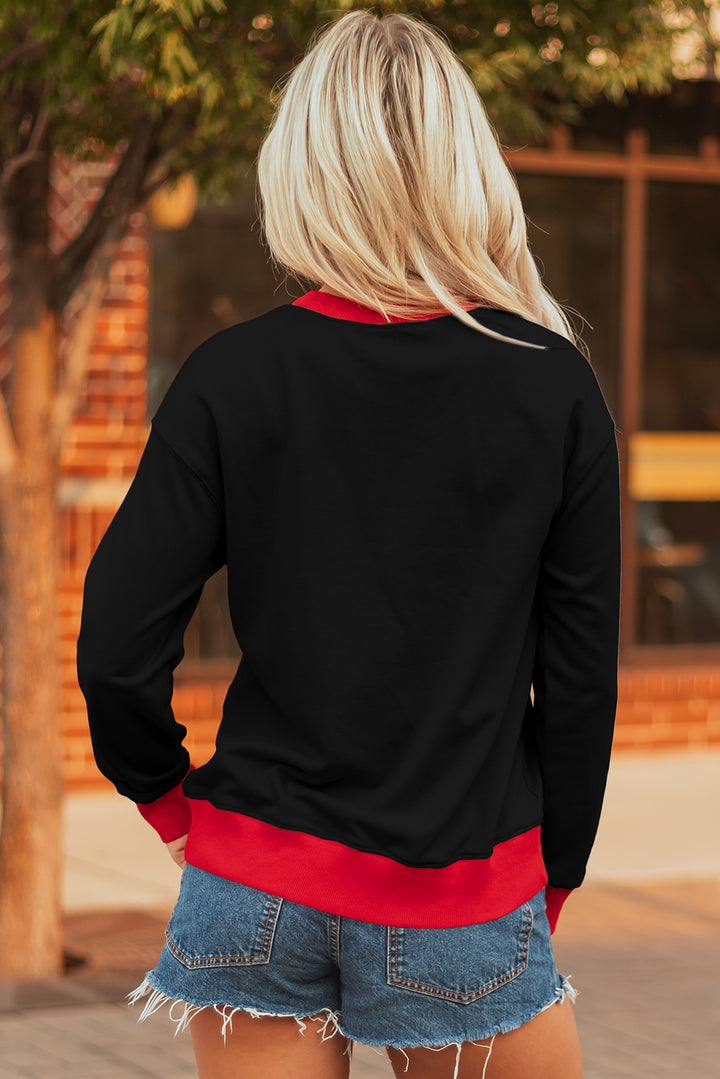 Black GAME DAY Letter Graphic Varsity Striped Detail Baggy Sweatshirt