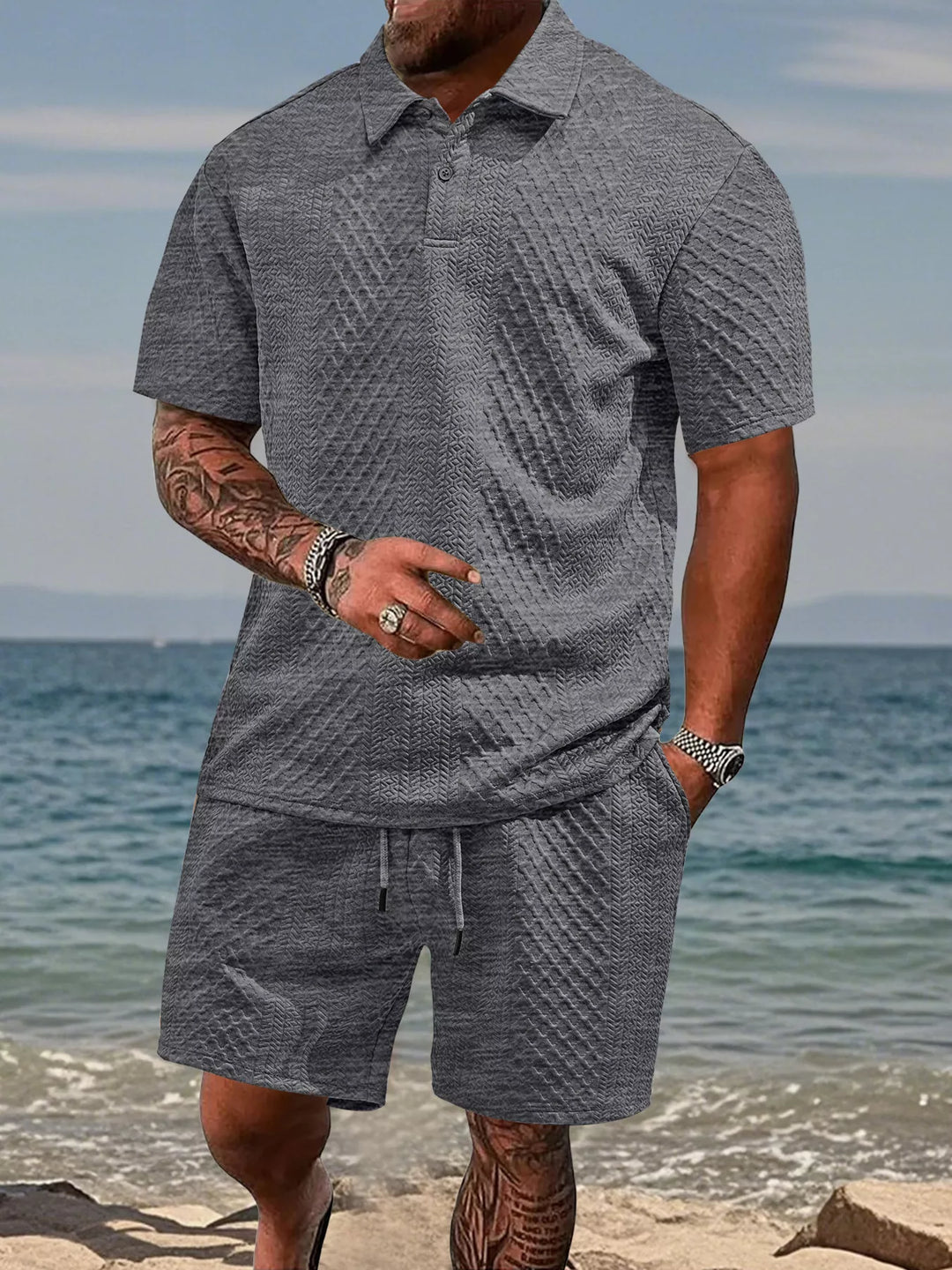 Men's Full Size Textured Knit Polo Shirt & Shorts Set Plus Size
