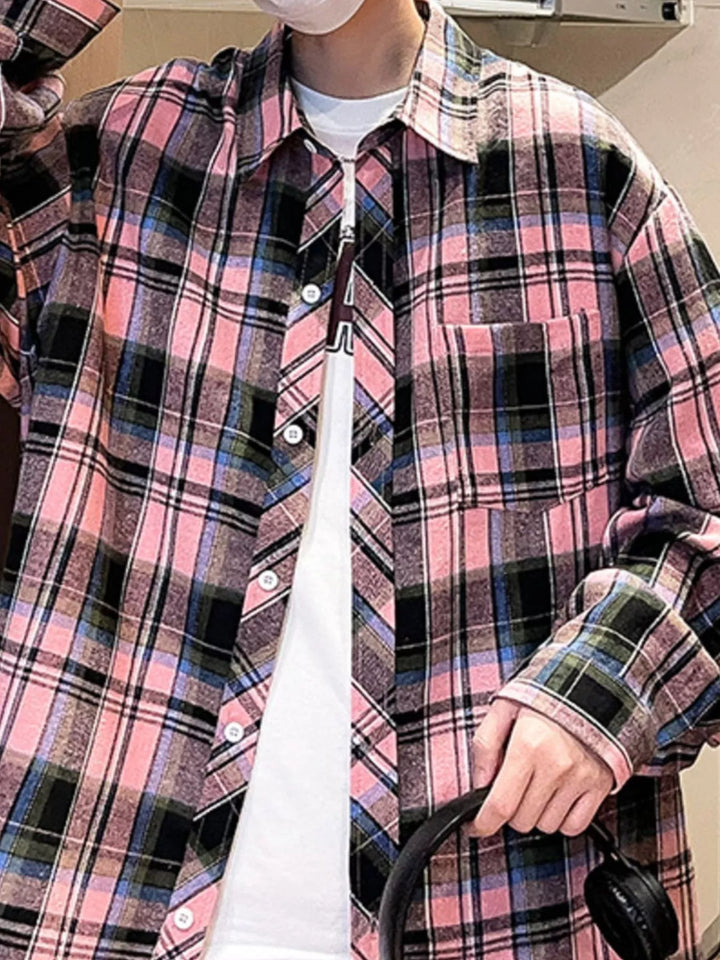 Men's Full Size Casual Plaid Long Sleeve Shirt Plus Size