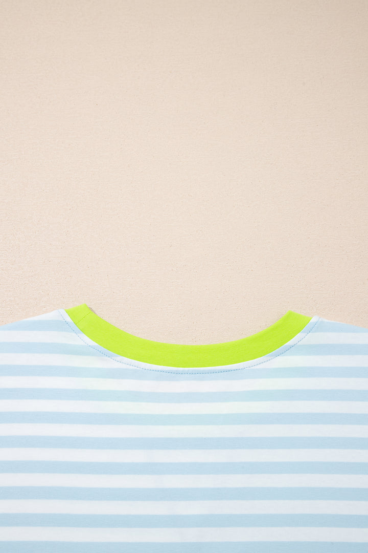 Sky Blue Stripe Contrast Neck Loose Tee and Drawstring Shorts Set