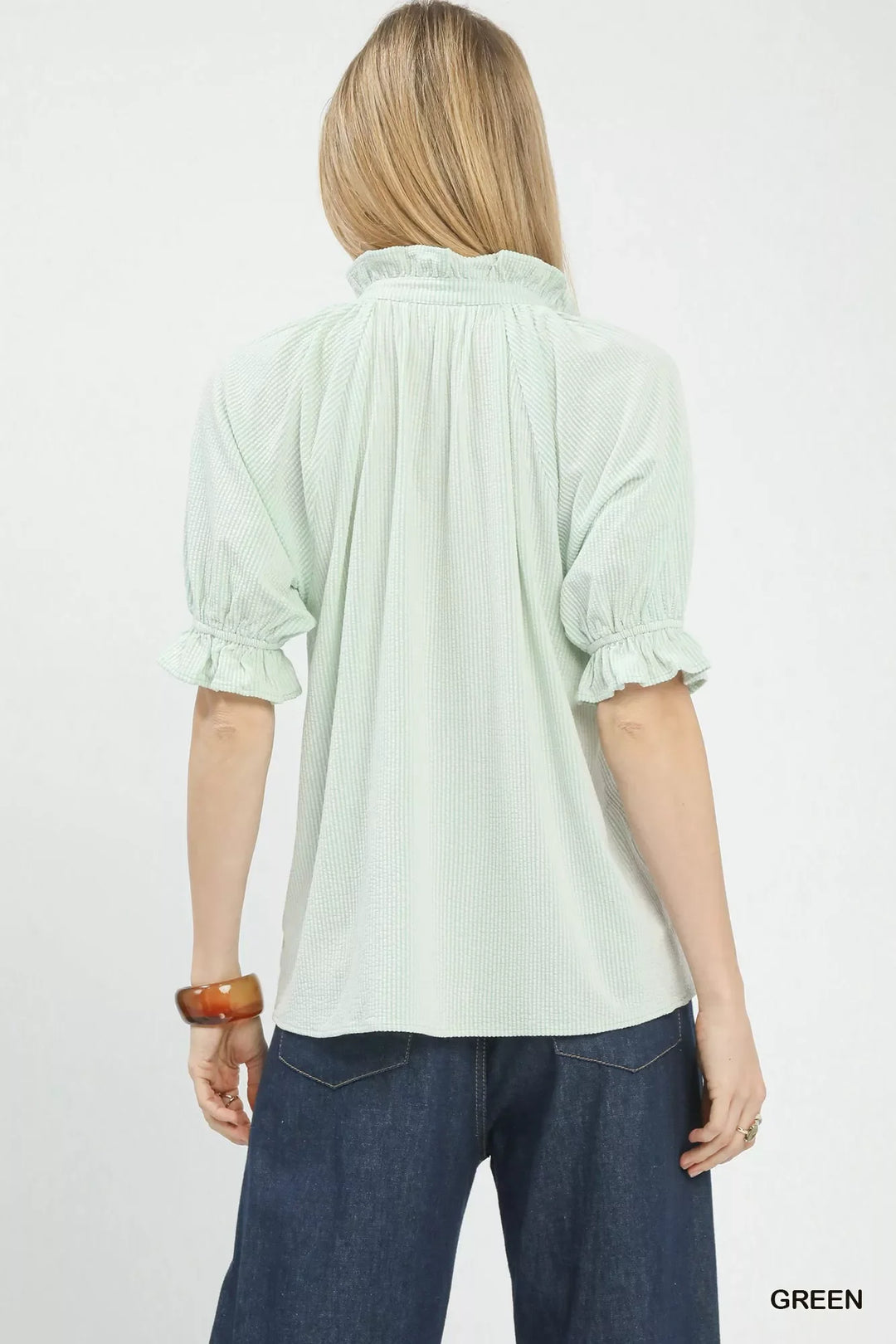 Umgee Textured Ruffle Sleeve V-Neck Top
