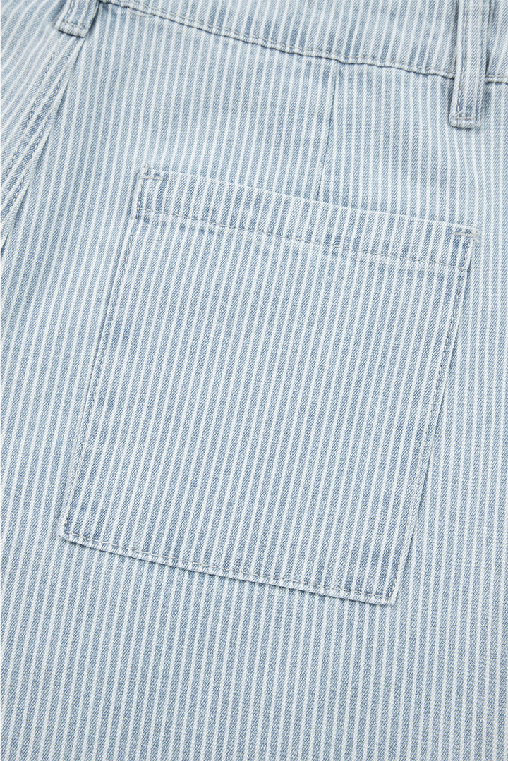 Sky Blue Stripe Button Flap Pocket Cuffed Hem Wide Leg Jeans