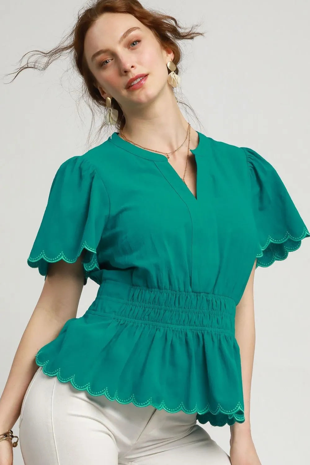 Umgee Scalloped Edge Flutter Sleeve Blouse