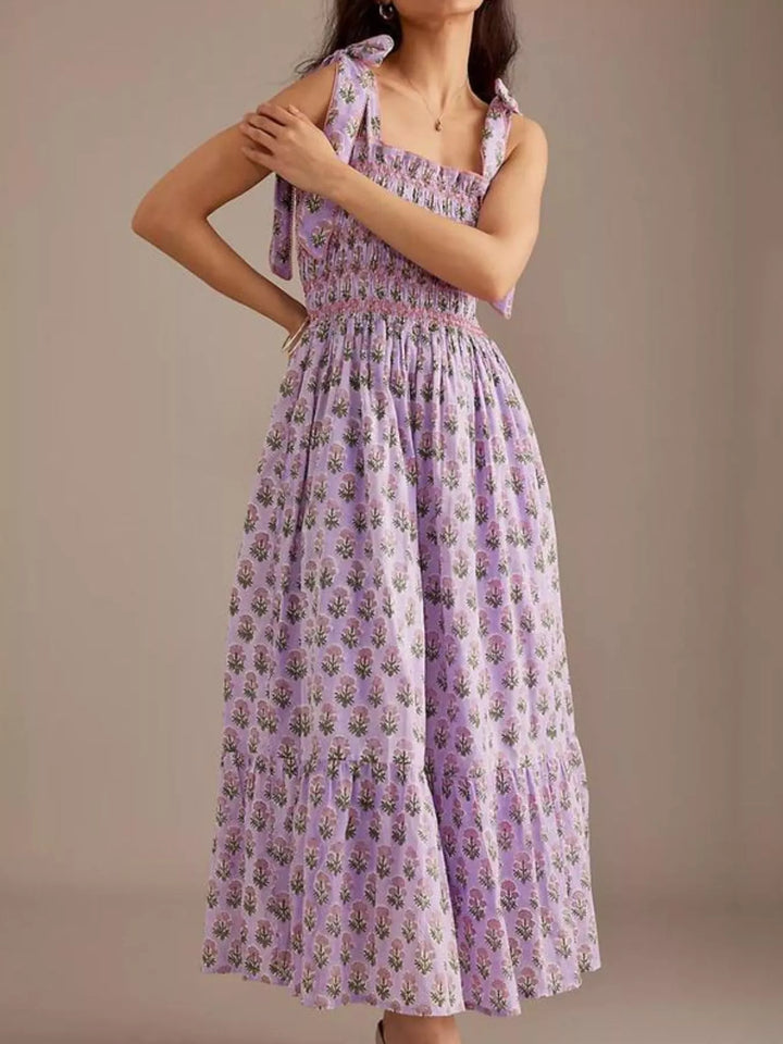 Floral Smocked Tie-Shoulder Midi Dress