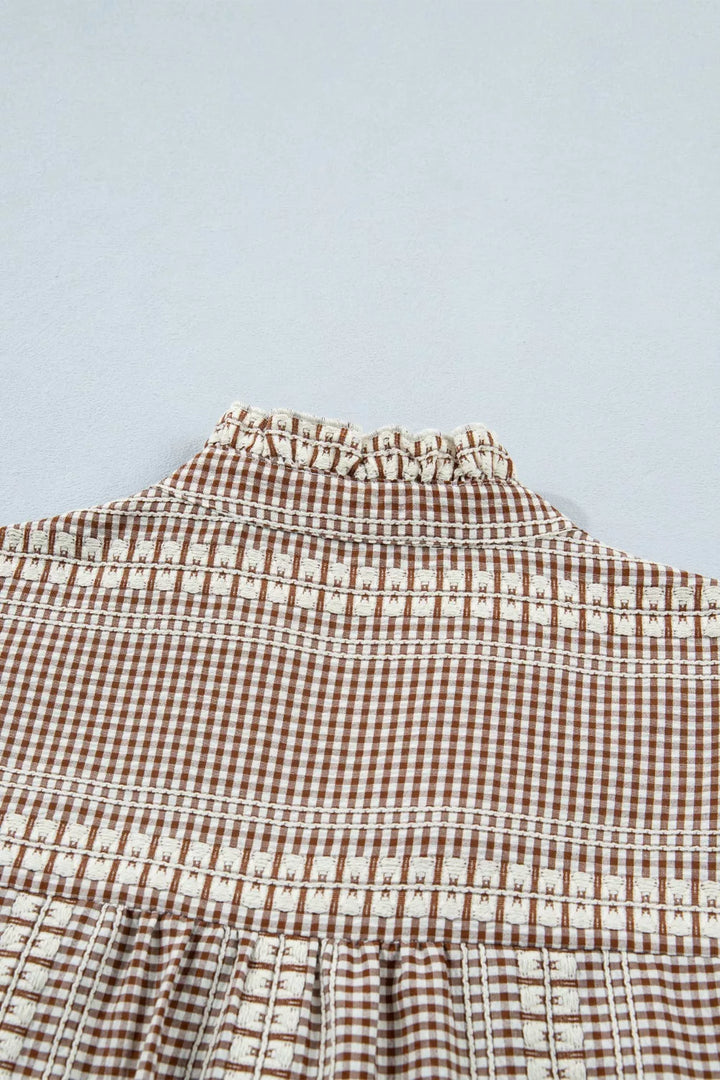 Western Pony Embroidered Yoke Puff Sleeve Gingham Blouse