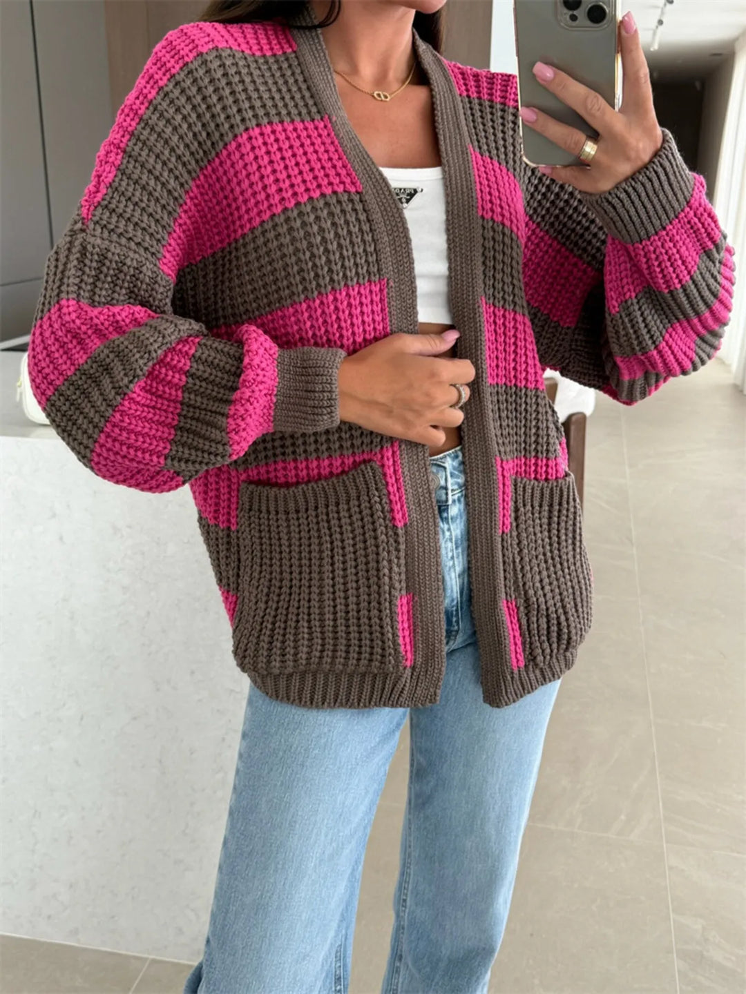 Striped Open Front Long Sleeve Cardigan