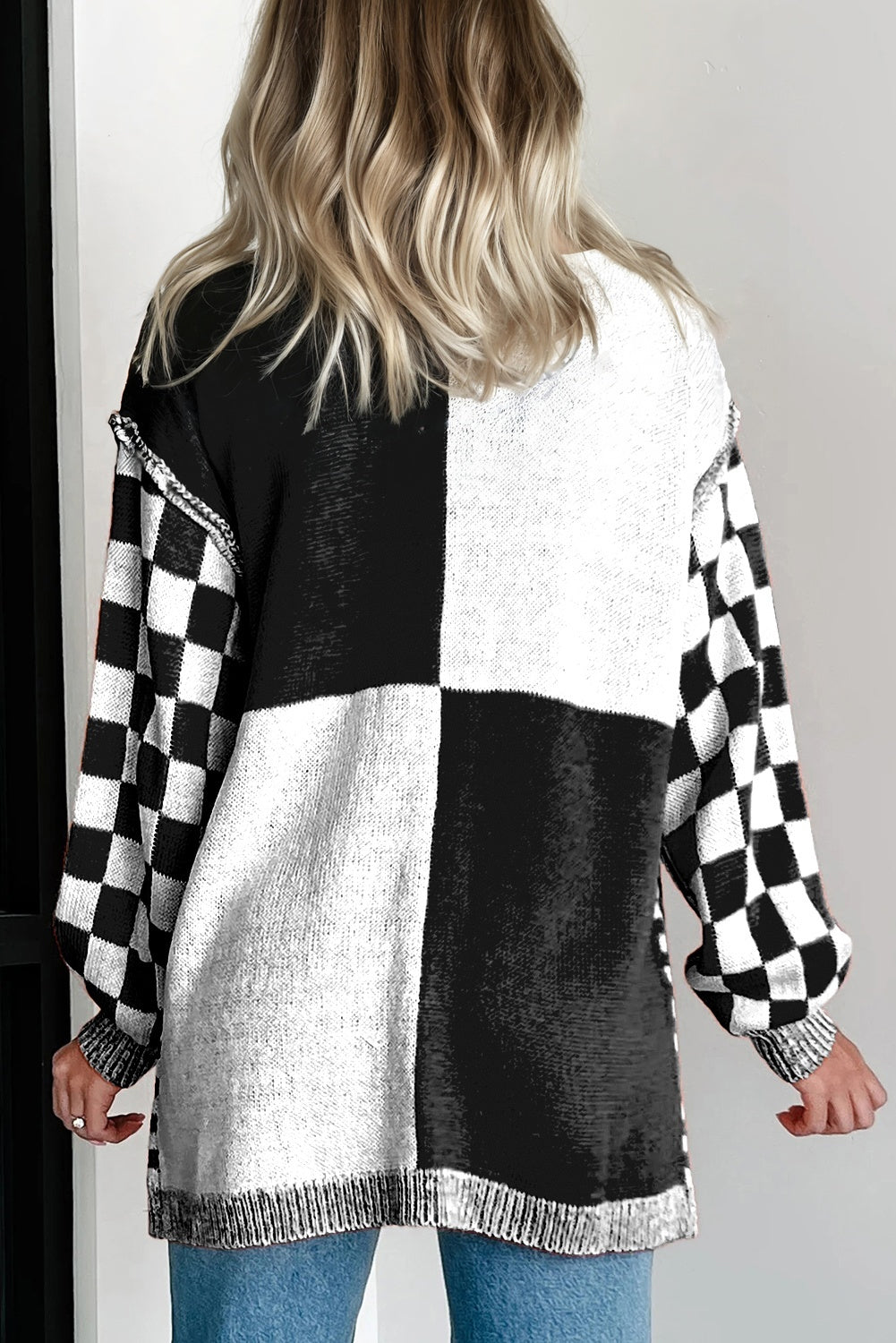 Black Plus Size Checkered Bubble Sleeve Drop Shoulder Open Cardigan