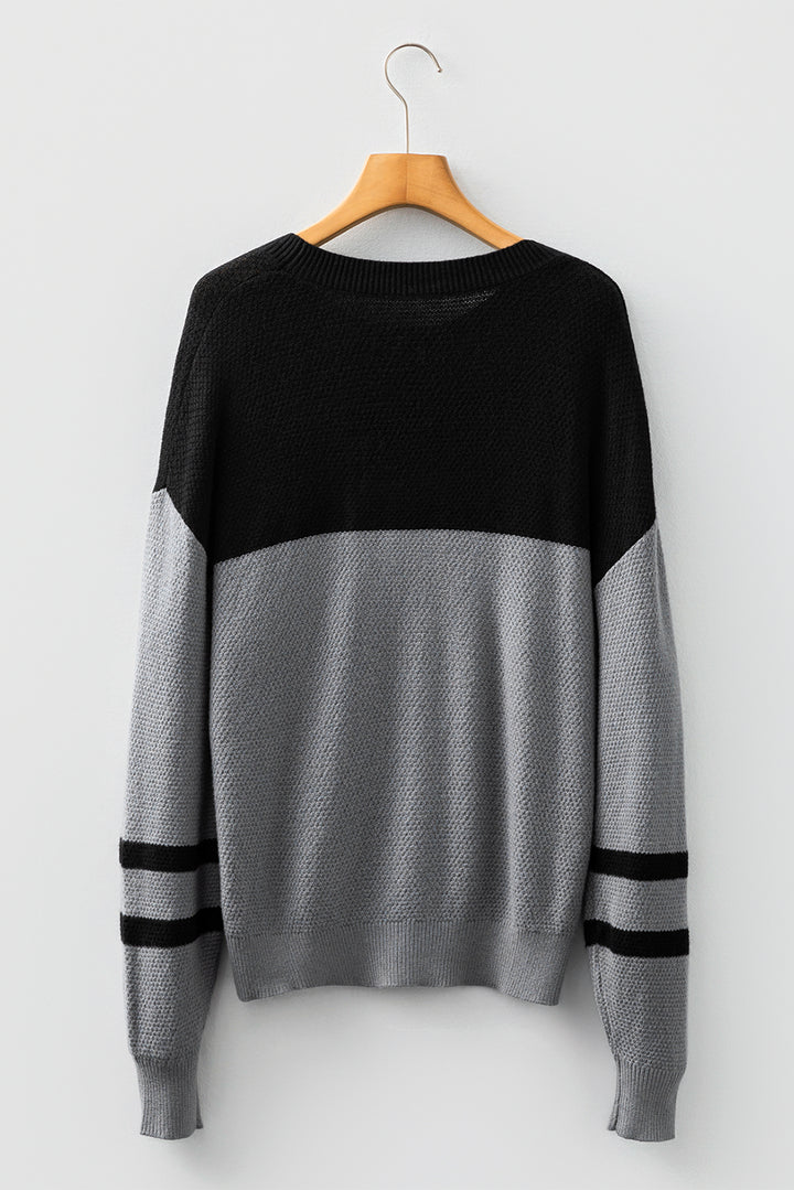 Medium Grey Color Block Knit Striped Sleeve Detail Casual Sweater