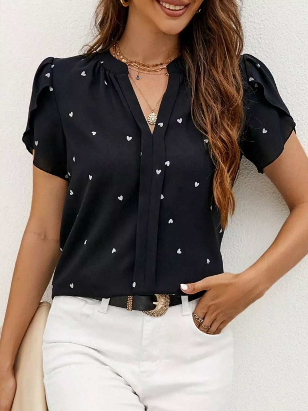 Heart Print Petal Sleeve Blouse