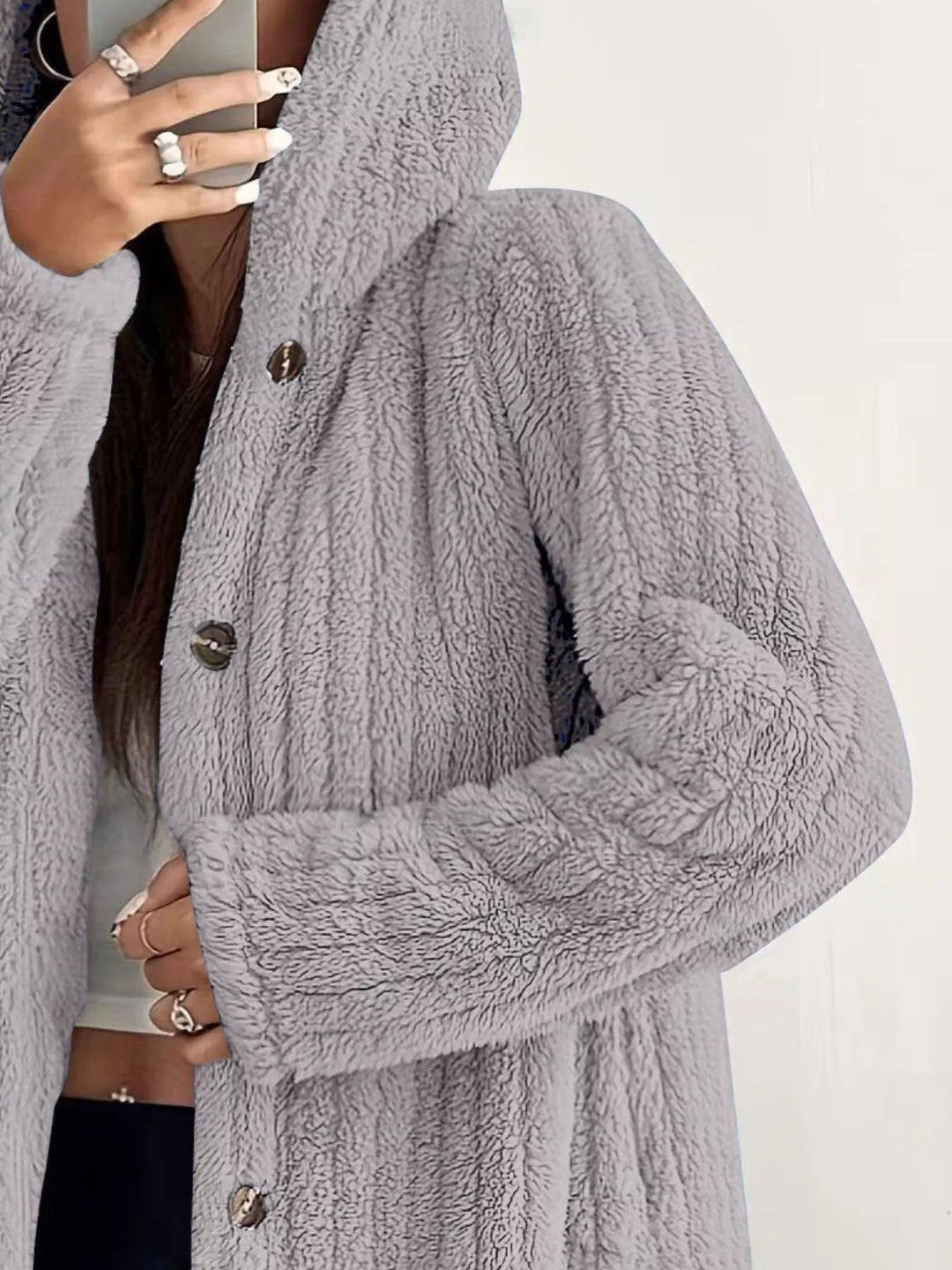 Full Size Fleece Button Up Hooded Outerwear Plus Size
