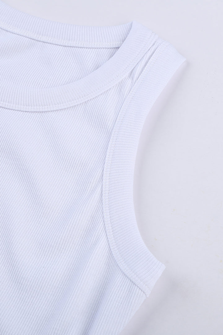 Solid White Round Neck Ribbed Tank Top