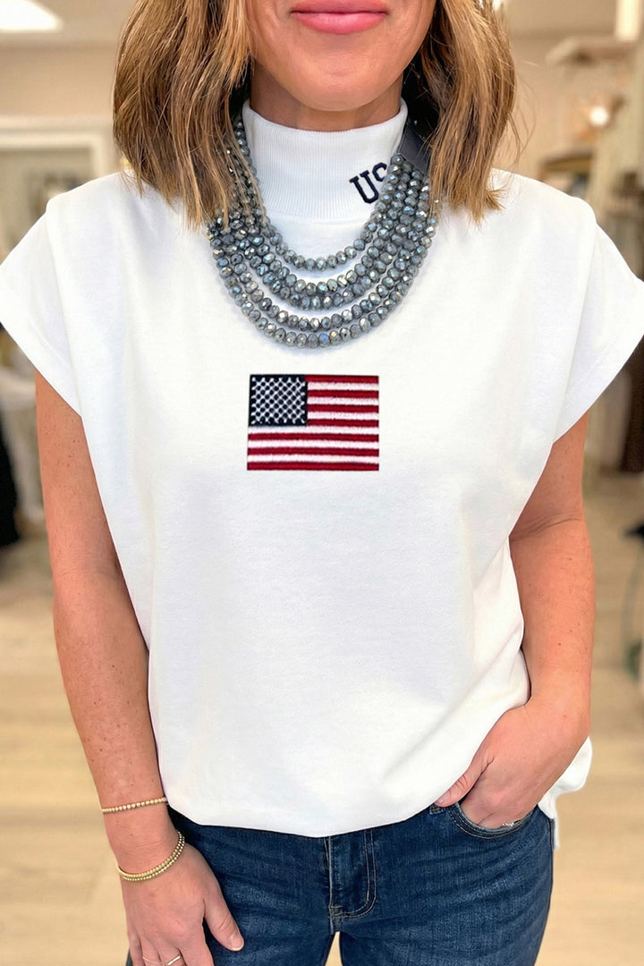 White USA Flag Embroidered High Neck Cap Sleeve Top
