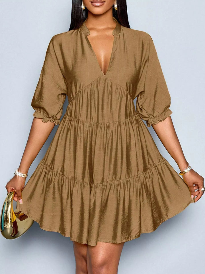 Notched Half Sleeve Tiered Dress