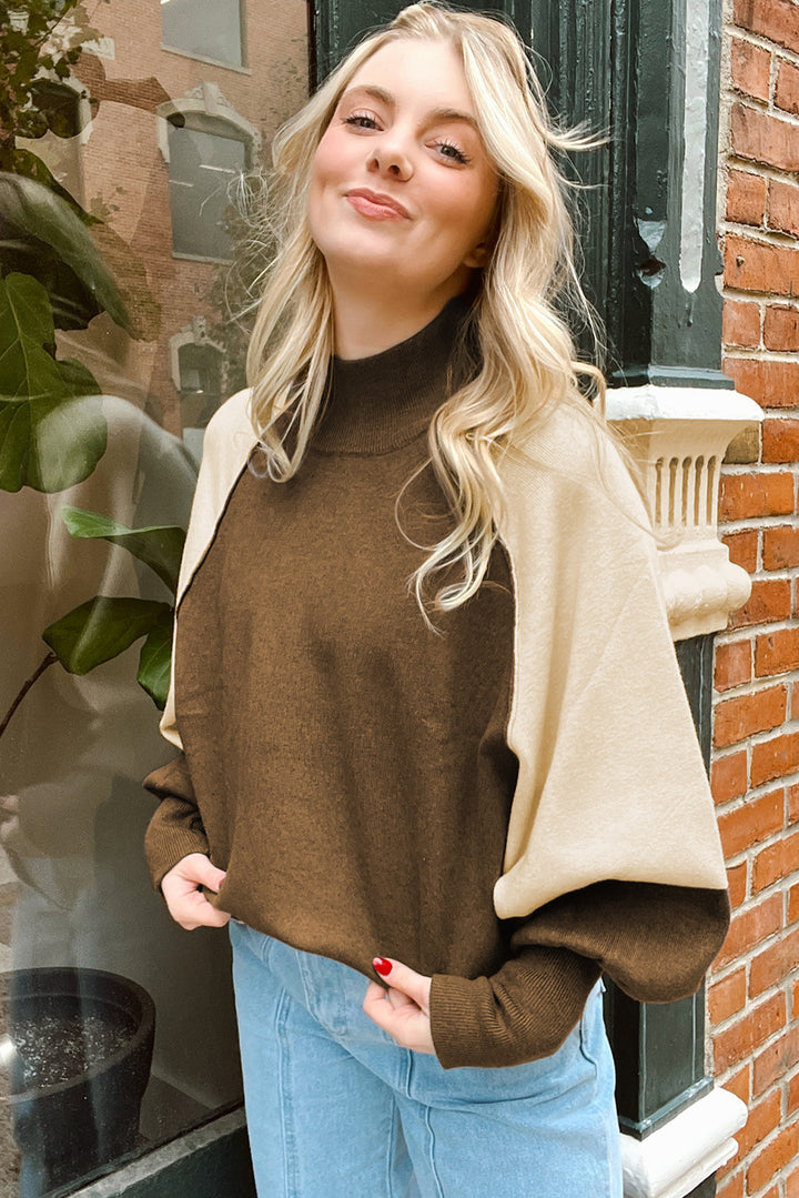 Desert Palm Colorblock Raglan Puff Sleeve Mock Neck Sweater