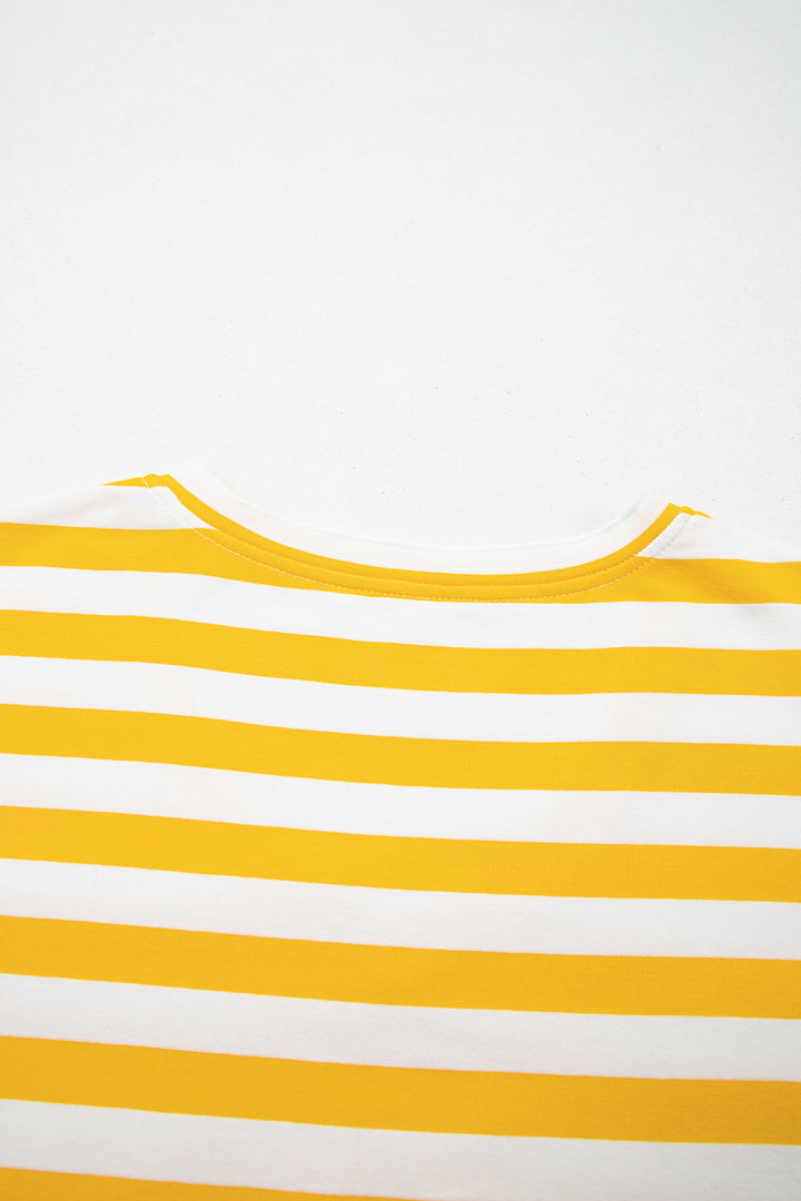 Yellow Stripe Striped Lace Patchwork V Neck Long Sleeve Top