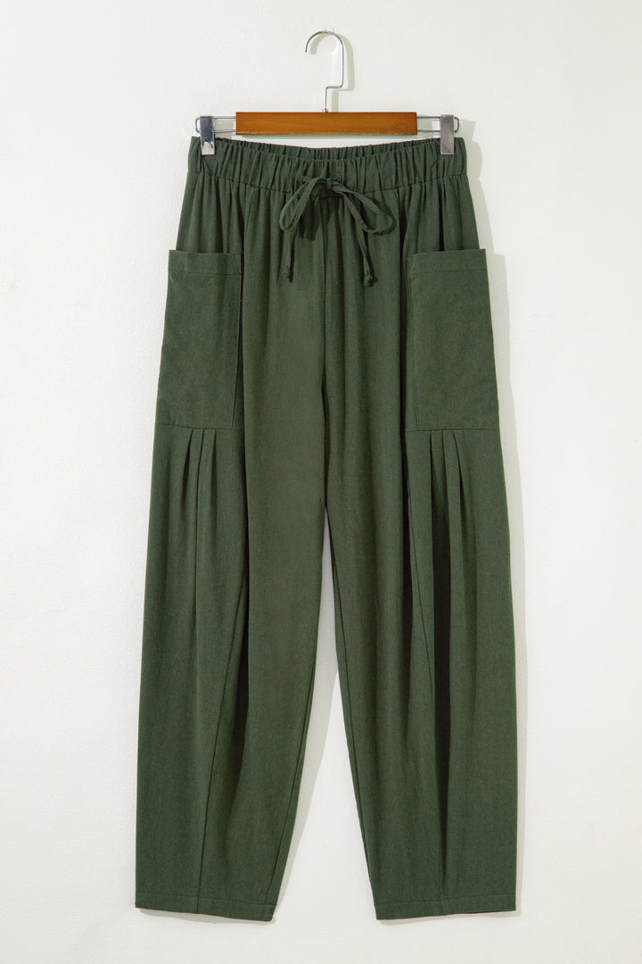 Jungle Green Drawstring Elastic Waist Patch Pocket Barrel Leg Casual Pants