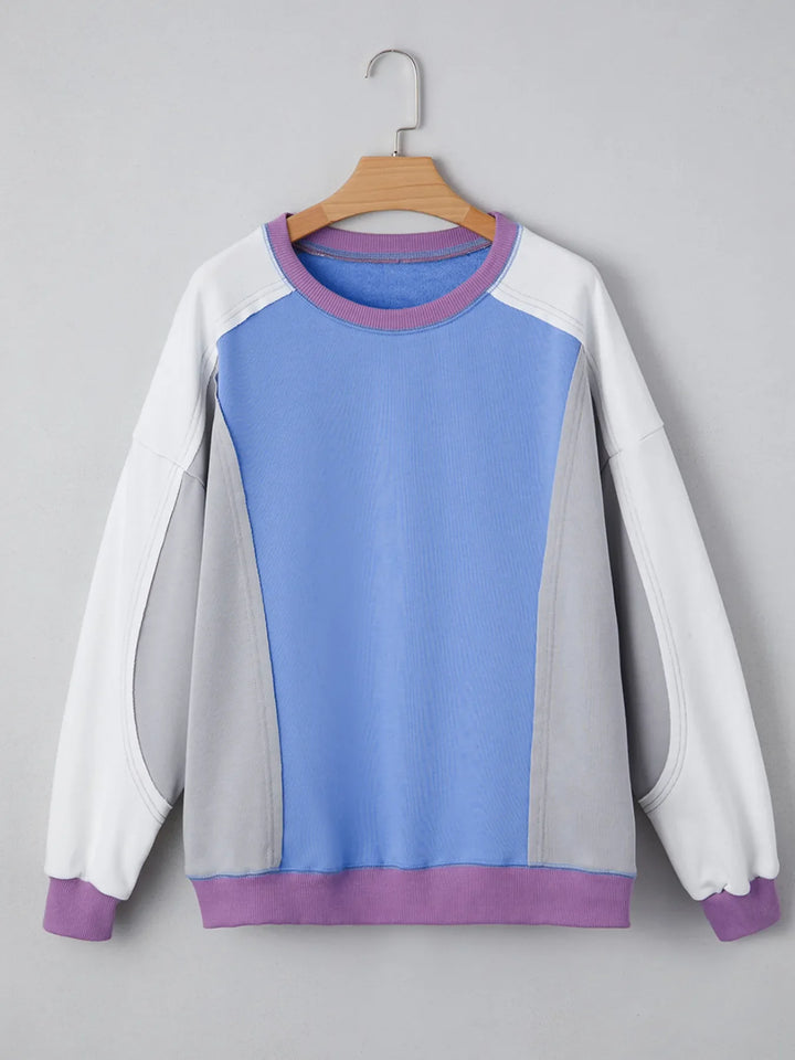 Exposed Seam Colorblock Patchwork Ribbed Trim Sweatshirt