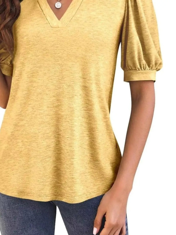 Puff Sleeve Notched Casual T-Shirt