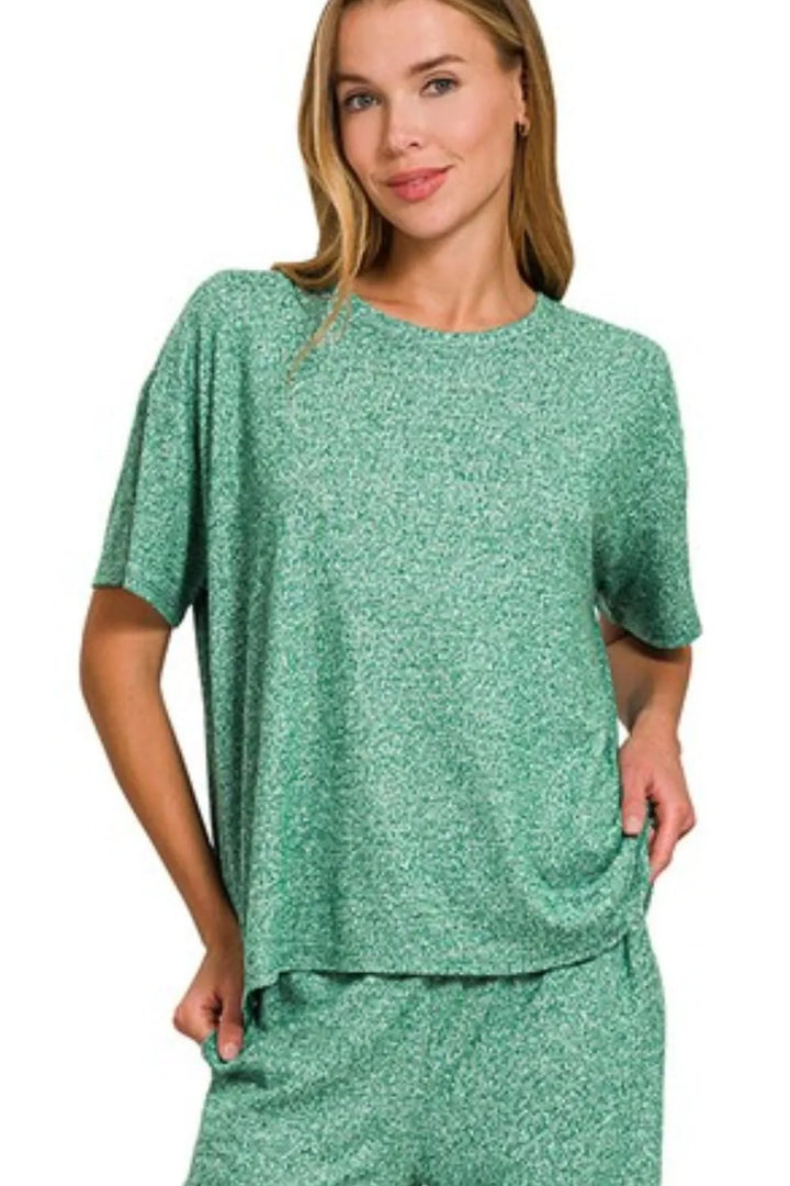 Zenana Soft Melange Short Sleeve Tee & Long Pants Set