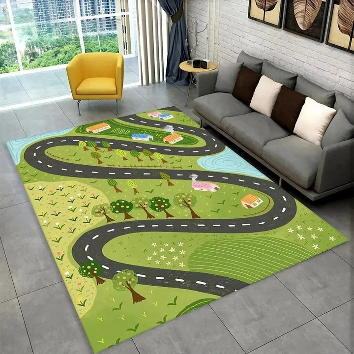 Fun Racing Track Flannel Floor Mat Non-Slip Home Decor Rug For Kids Rooms And Play Areas