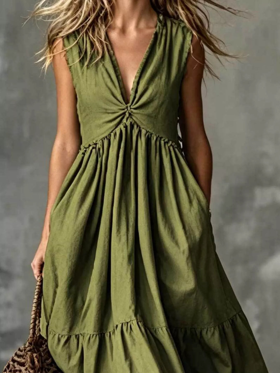 V-Neck Twisted Tiered Midi Dress