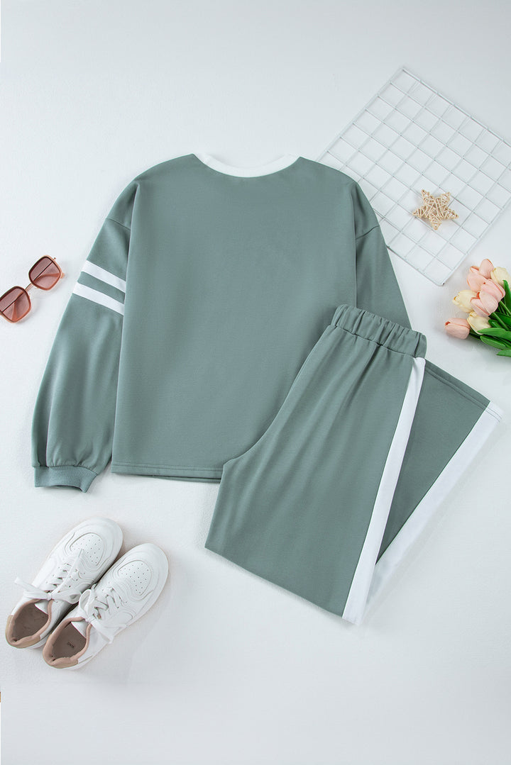 Blue Varsity Stripe Patchwork Puff Sleeve Pullover Drawstring Wide Leg Pant Set