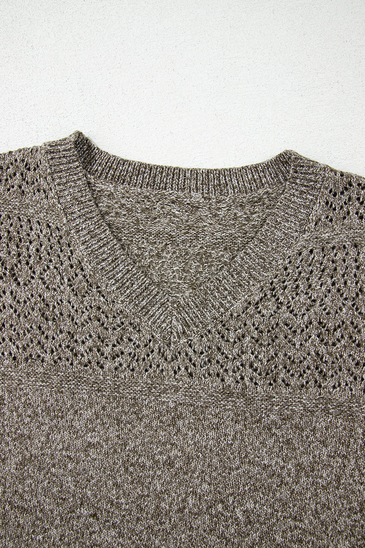 Chestnut Eyelet Pattern Detail V Neck Drop Shoulder Sweater