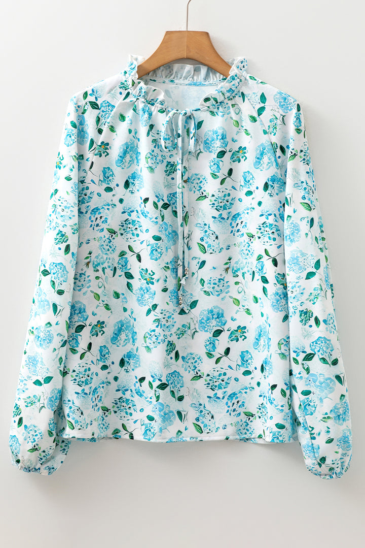 Sky Blue Floral Print Frilled Trim Tie Neck Elastic Cuffs Long Sleeve Blouse