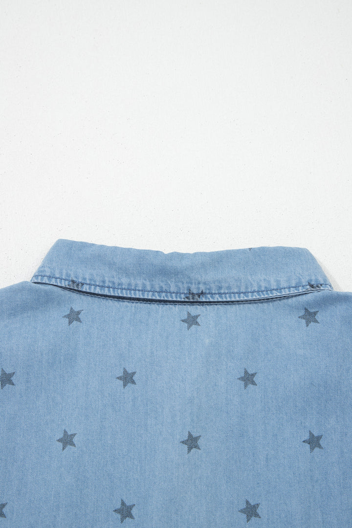 Beau Blue Star Allover Print Double Chest Pocket Short Sleeve Denim Shirt