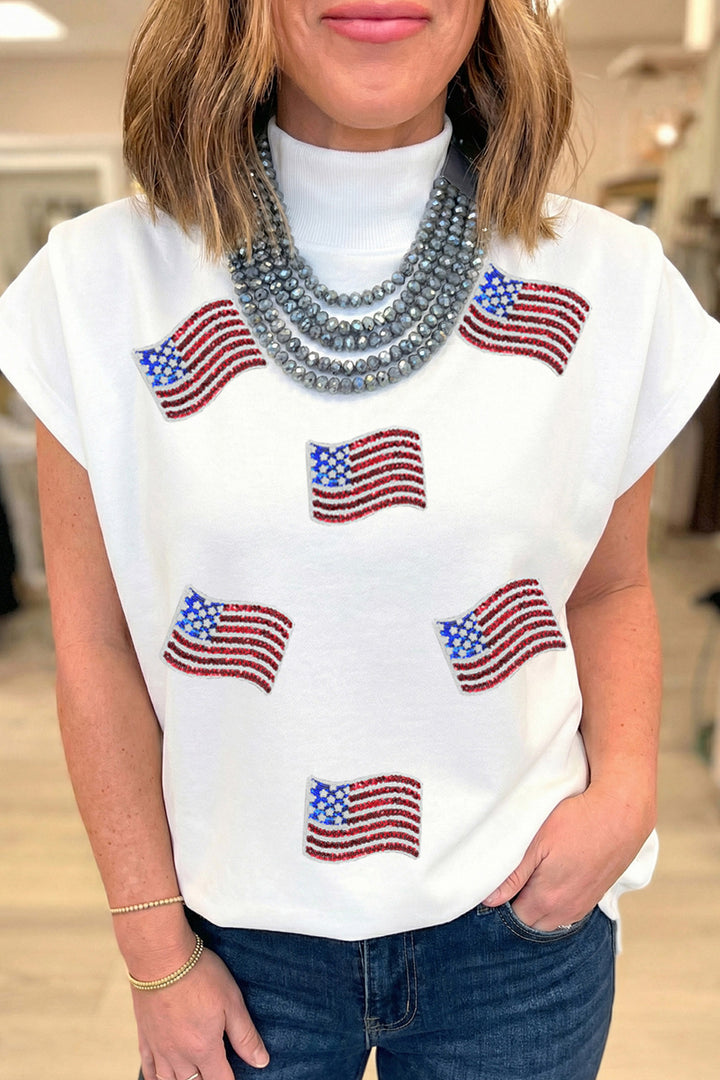 White Sequin American Flag Mock Neck Short Sleeve Top