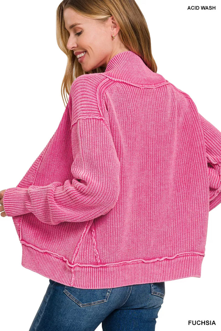 Zenana Washed Dropped Shoulder Cardigan with Side Pockets