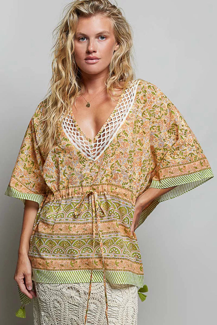 POL Block Print Floral Tie Front Boho Blouse