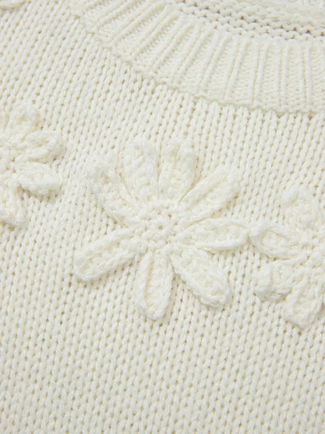 Flower Detail Round Neck Contrast Textured Puff Sleeve Sweater