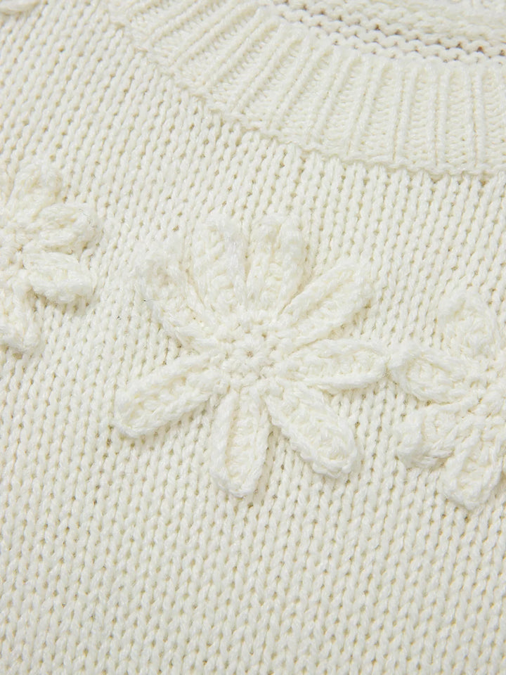 Flower Detail Round Neck Contrast Textured Puff Sleeve Sweater