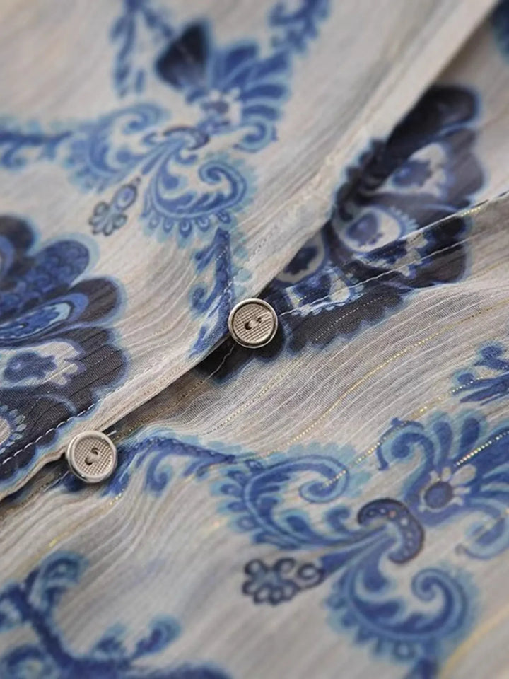 Printed Button Up Long Sleeve Dress