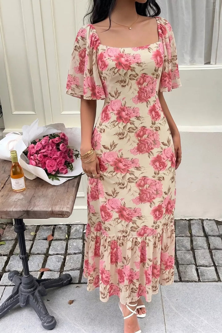 Floral Print Ruffle Hem Flutter Sleeve Dress