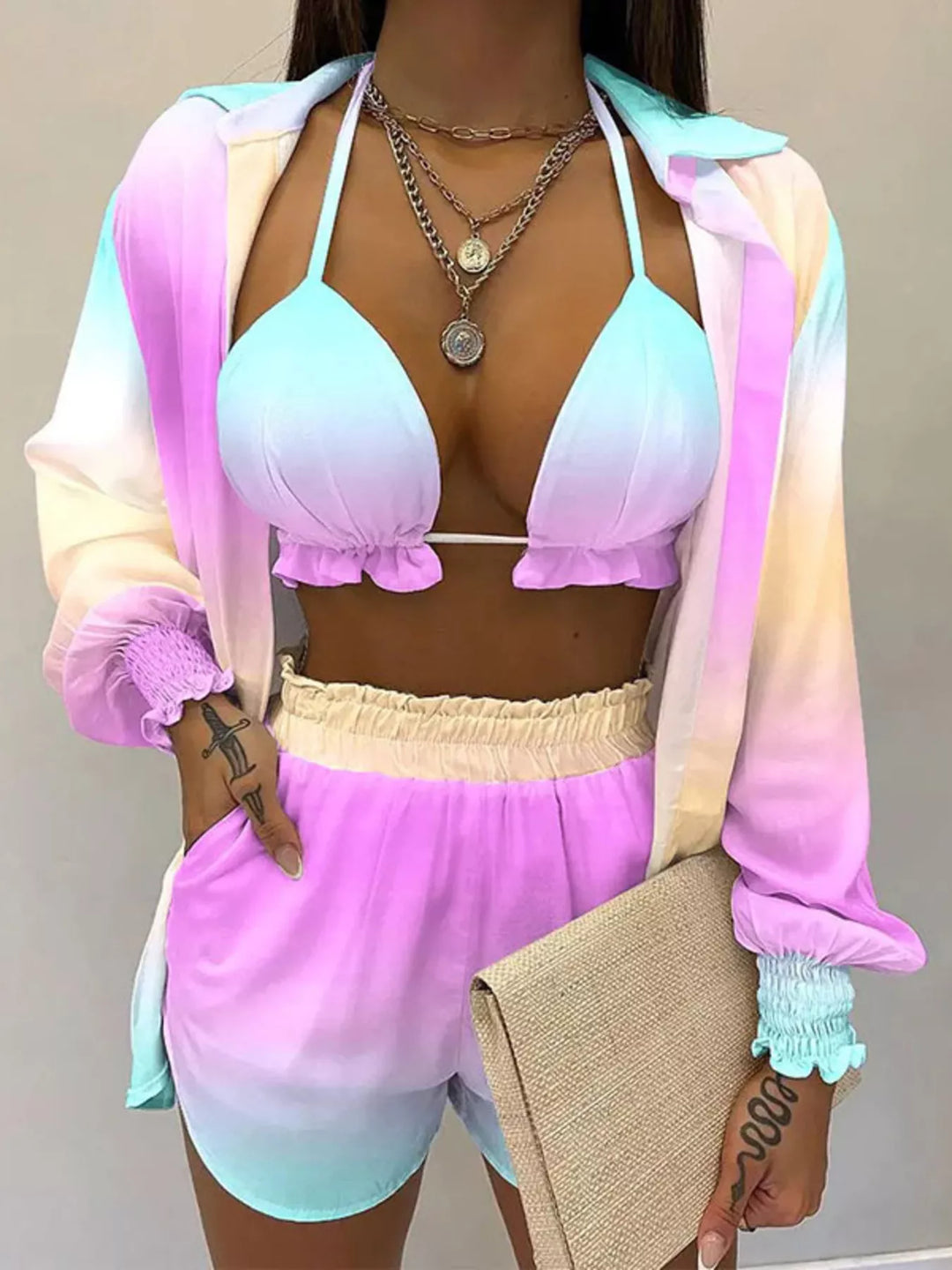Full Size Halter Neck Cami & Shirt & Shorts 3-Piece Outfit Set Plus Size