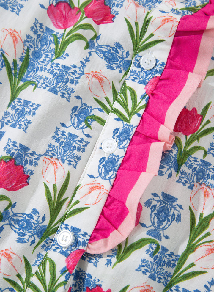 Rose Floral Print Color Block Striped Trim Flutter Sleeve Half Button Blouse