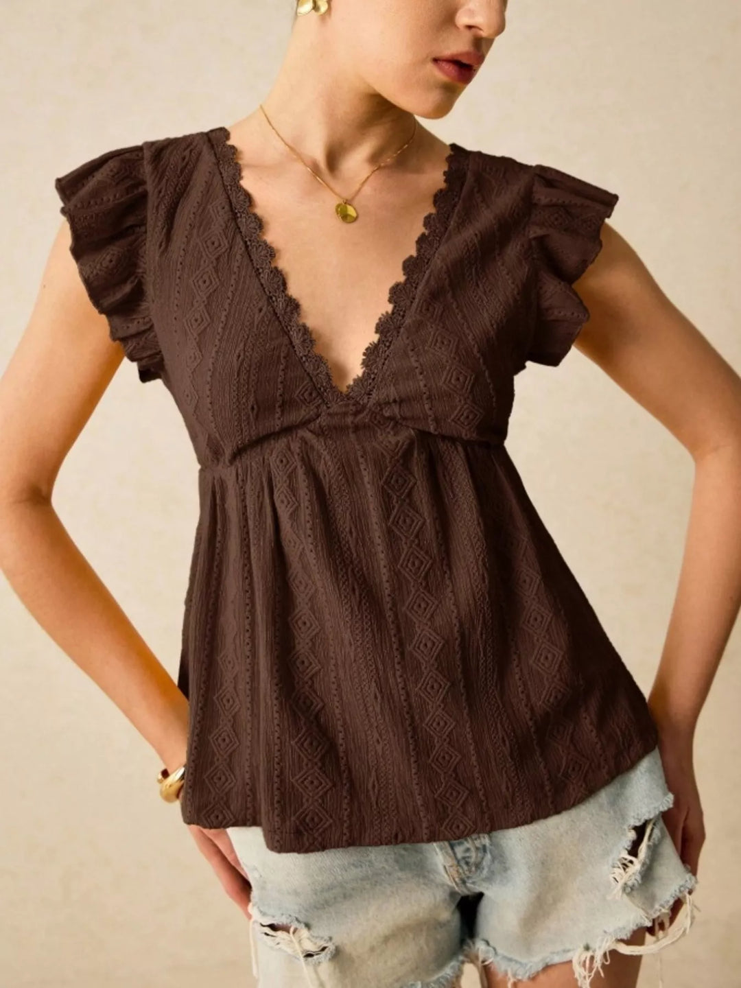 Ruffle Sleeve V-Neck Blouse