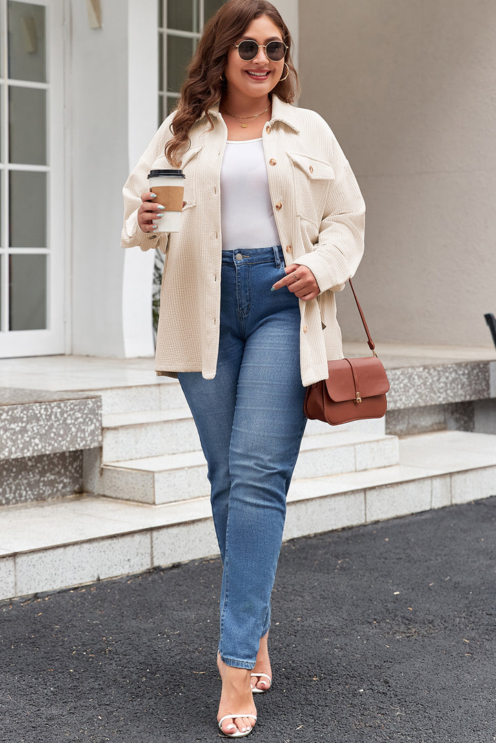 Veste-chemise boutonnée grande taille à poches à rabat texturées couleur avoine